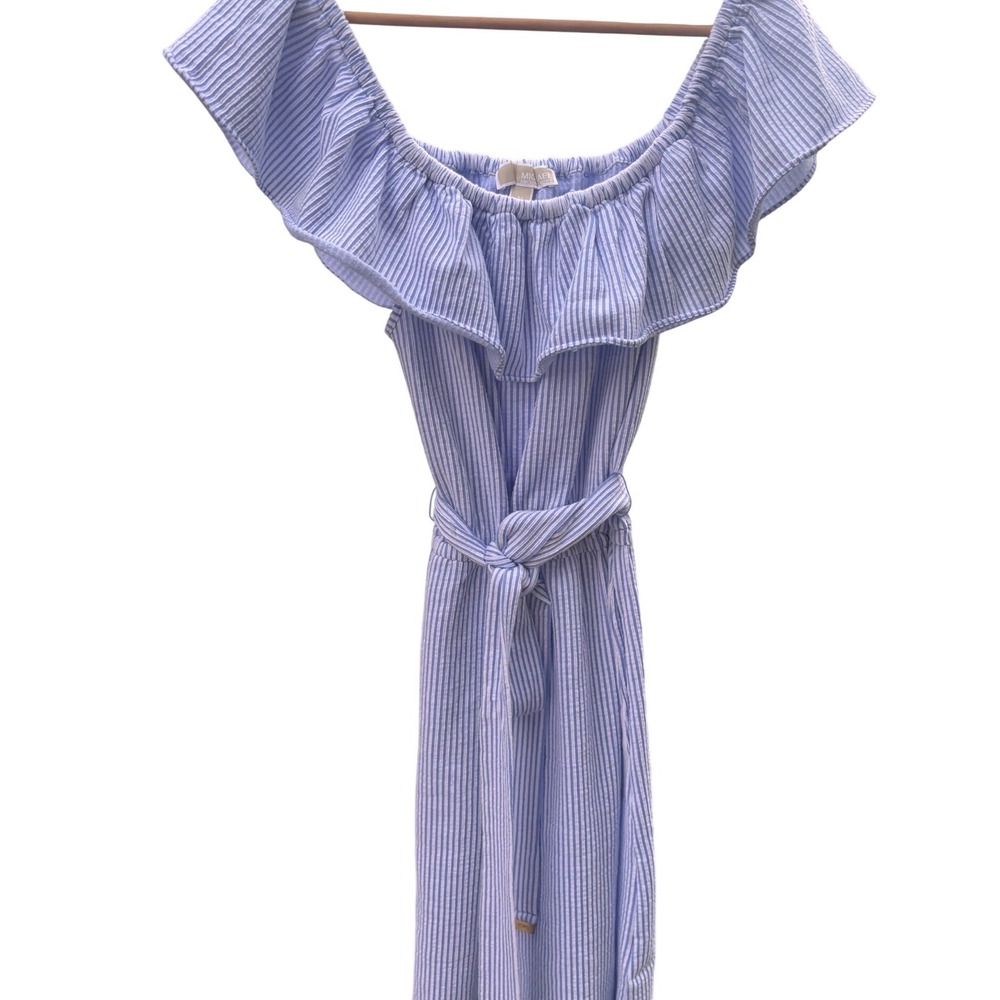 Michael Kors Dress Womens Medium Blue Seersucker Striped Off Shoulder Excellent - Picture 11 of 12